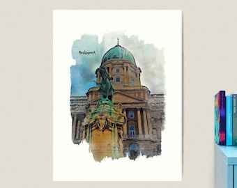 Buda Castle or Royal Palace with horse statue, Budapest Hungary Watercolour painting style Poster Print