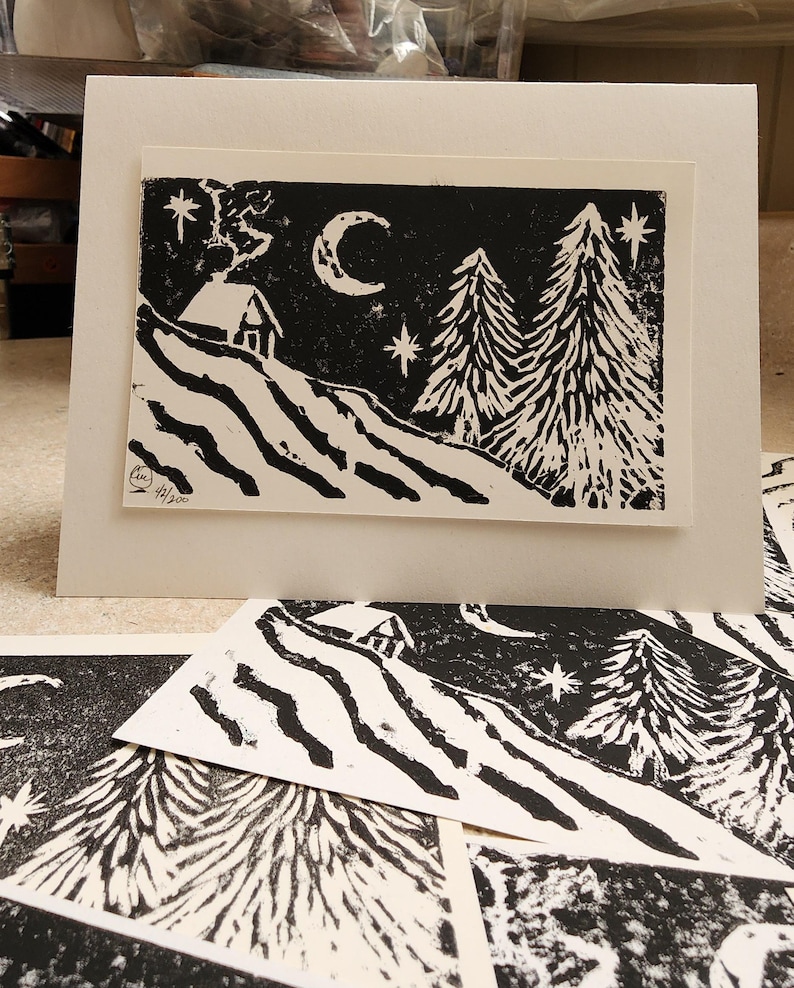 Linocut Notes Warm Winter Wishes Linocut Block Print Original Art Note Card ...