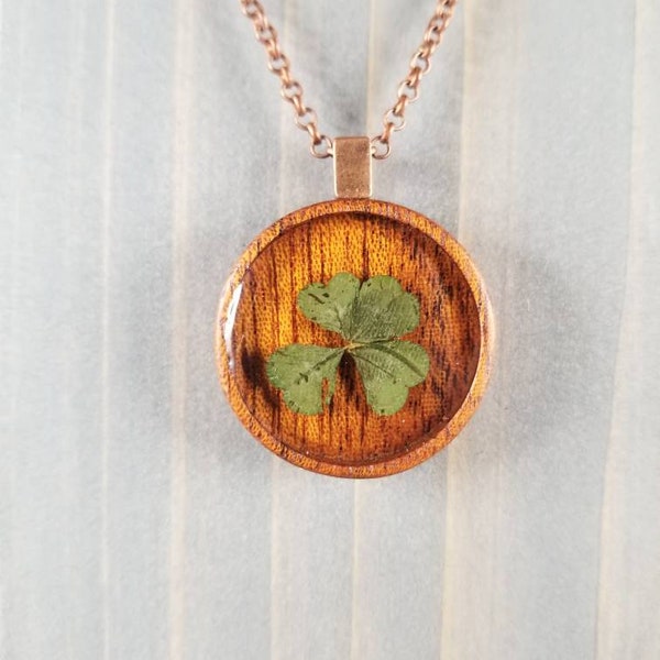 Genuine Four Leaf Clover in Premium Wooden Bezel Necklace