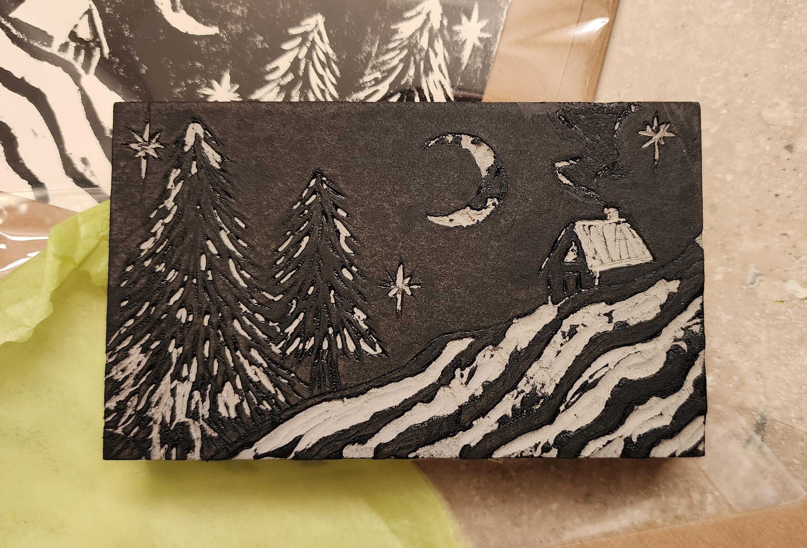 Linocut Notes Warm Winter Wishes Linocut Block Print Original Art Note Card ...