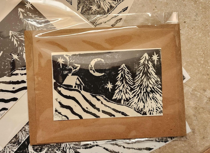 Linocut Notes Warm Winter Wishes Linocut Block Print Original Art Note Card ...