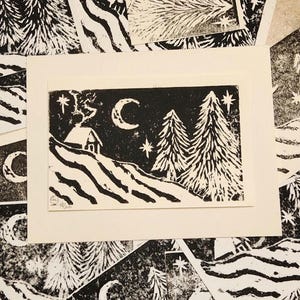 Warm Winter Wishes Linosnede blokprint originele kunst notitiekaart, personalisatie