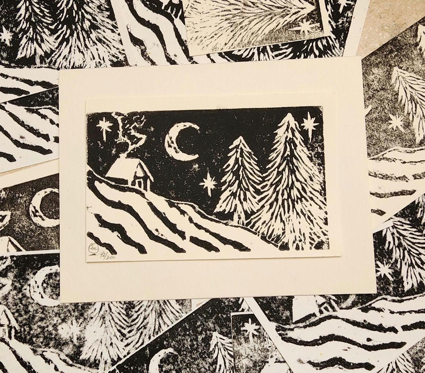 Linocut Notes Warm Winter Wishes Linocut Block Print Original Art Note Card ...