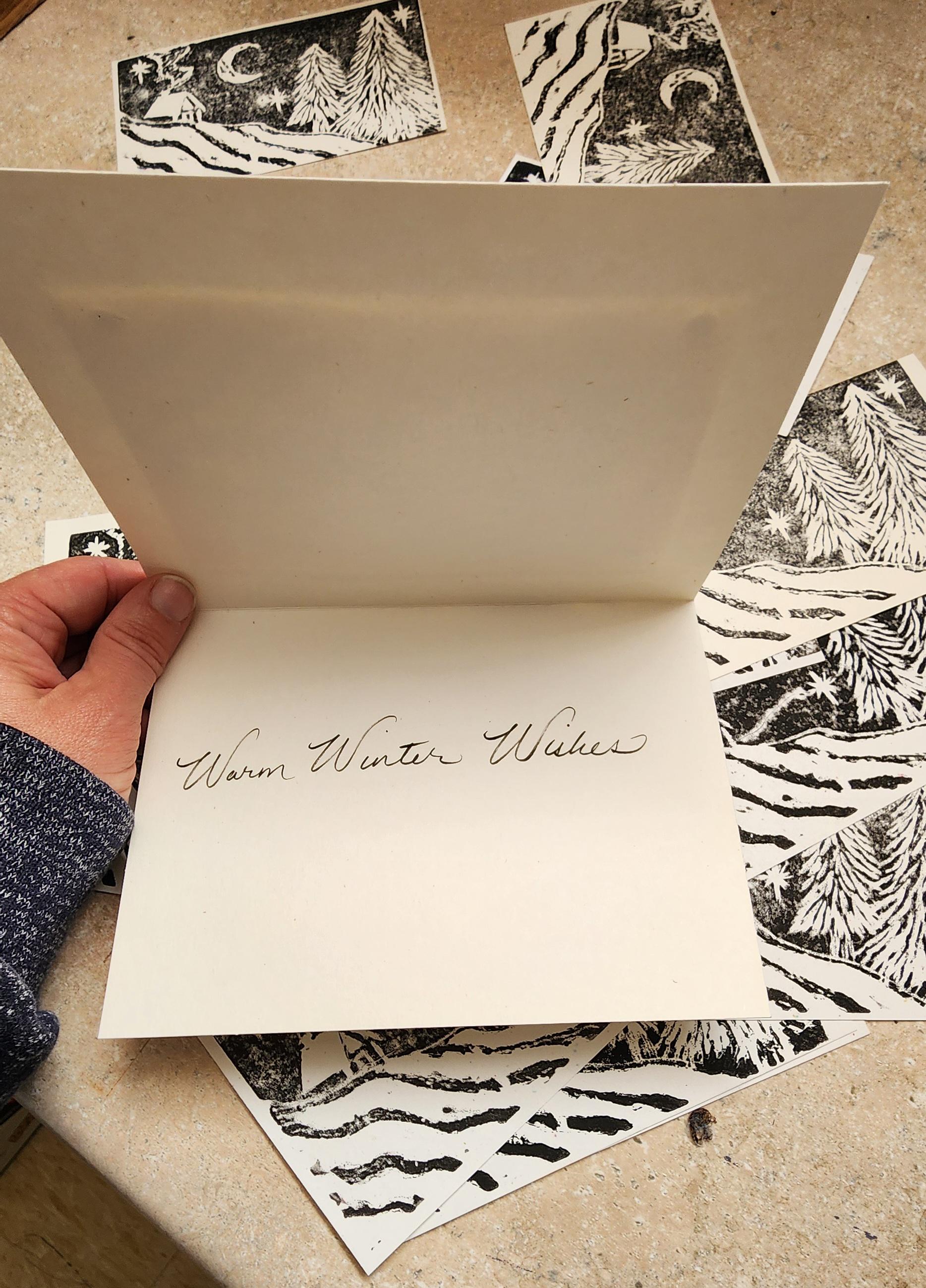 Linocut Notes Warm Winter Wishes Linocut Block Print Original Art Note Card ...