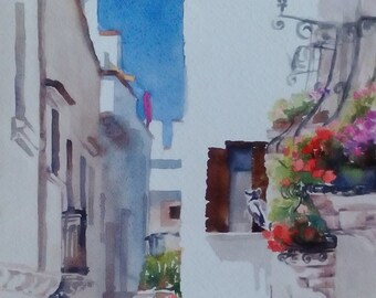 Paisaje con flores, paisaje en acuarela, paisaje italiano, acuarela original y auténtica, vista floral, paisaje mediterráneo