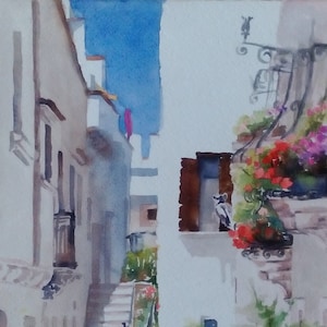 paisaje con flores paisaje acuarela paisaje italiano original acuarela auténtica vislumbre floral paisaje mediterráneo