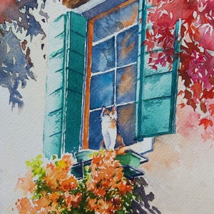 gatto dipinto su finestra, finestra fiorita con gatto, acquerello di gatto tra i fiori, gatta tricolore, quadro di finestra e gatto
