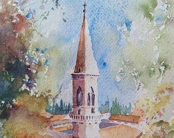 Pérouse, basilique Saint-Pierre, aquarelle de Pérouse, basilique de Pérouse, ville d'Italie, abbaye de Pérouse, peinture de Pérouse