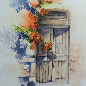 puerta vieja, puerta con arco de rosas, rosas rojas, flores rojas, acuarela de una puerta vieja, pintura de puerta, pintura de puerta, puerta y rosas