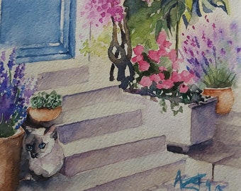 cat, watercolor of door with cat, cat art, cat and flowers, cat watercolor, painting with cat, painting with cat and flowers