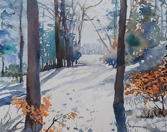 雪の中のウサギ – オリジナルの水彩画、ウサギの絵、冬の風景、降雪