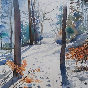 watercolor landscape watercolor snow landscape with snow watercolor forest autumn in the woods landscape painting