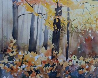 otoño, pintura de otoño, acuarela original de otoño, pintura de otoño, bosque de otoño, hojas de otoño