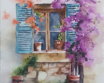 花の窓、窓のアート、花の水彩画の窓、花の窓の絵、花の絵 - Etsy 日本