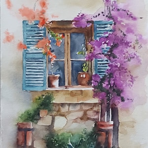 ventana florida, arte de ventana, acuarela de ventana con flores, pintura de ventana con flores, pintura floral