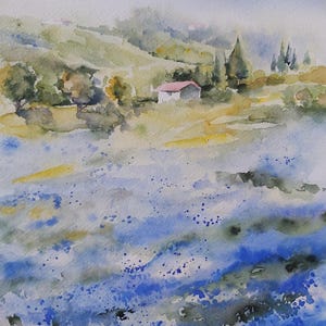 fiori blù, paesaggio di fiori blù, fiori di campo, acquerello di fiori blù, quadro di fiori blù, dipinto di fiori blù, acquerello natura