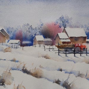 neve, inverno, aquarela de neve, pintura de aldeia na neve, pintura de inverno, estações, pintura de aldeia na neve, arte de inverno