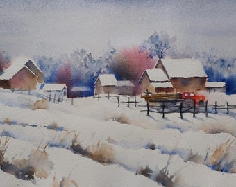 雪の中のウサギ – オリジナルの水彩画、ウサギの絵、冬の風景、降雪