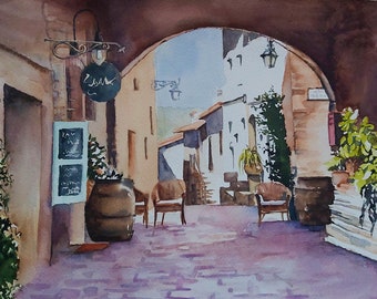 Paisaje pintoresco italiano en acuarela, paisaje original en acuarela, pieza única, brillante vistazo a Italia