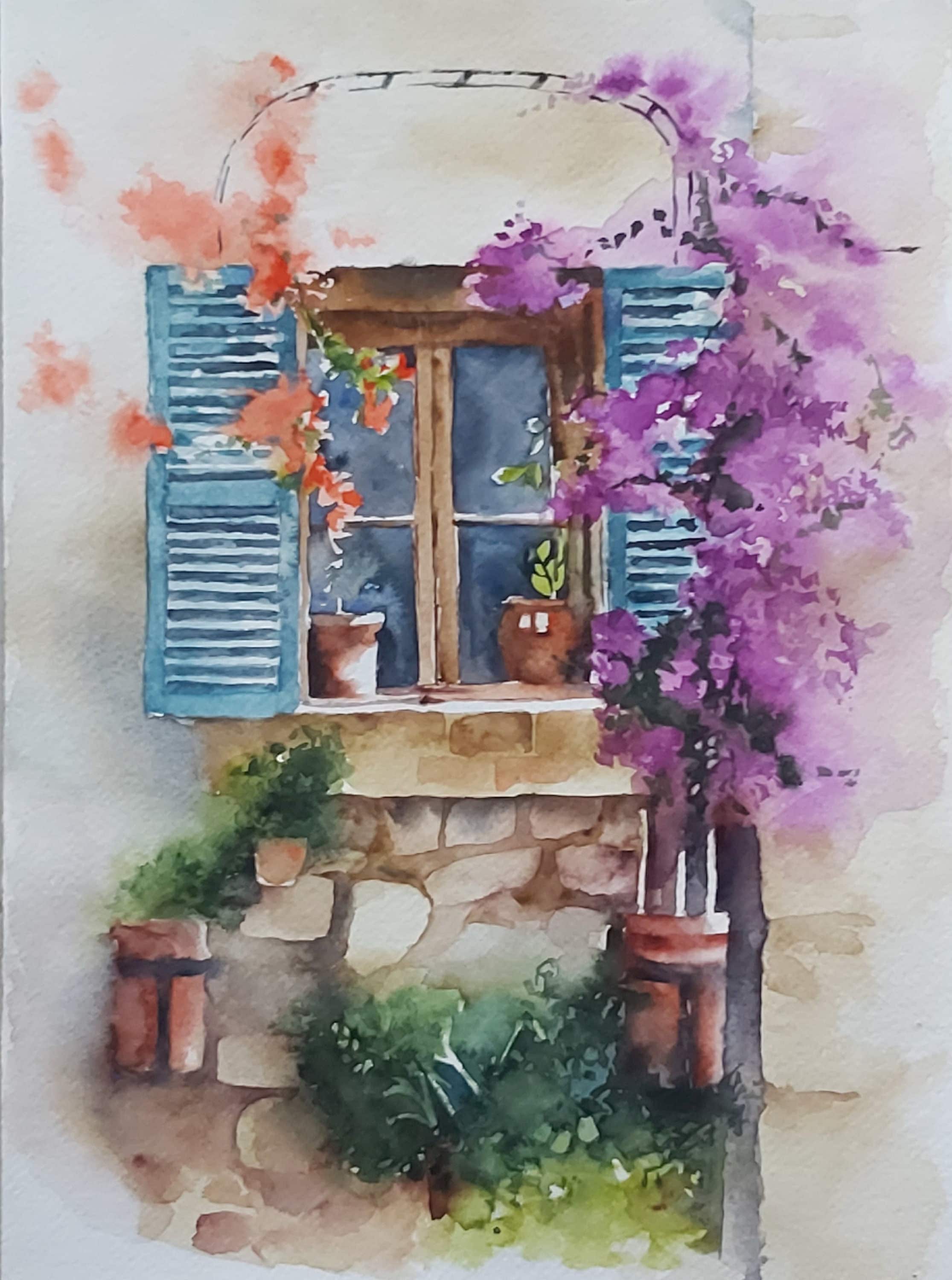 絵画 。壁掛け絵☆【そよ風が吹いてきて、窓の前の花がきれいでグラスがきれいだ】 絵画 。壁掛け絵☆【そよ風が吹いてきて、窓の前の花がきれいで