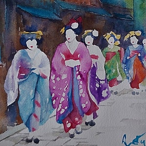 acquerello di scenario giapponese, passeggiata di geisha, dipinto di geisha, quadro di geisha, donne del mondo, Giappone,