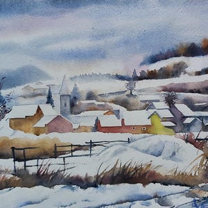 paisagem de neve, aquarela de paisagem de neve, vila na neve, neve, inverno, estações, casas na neve, pintura de neve