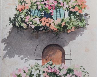 Balcones llenos de flores, un derroche de colores en esta acuarela evocadora, alegre y luminosa.