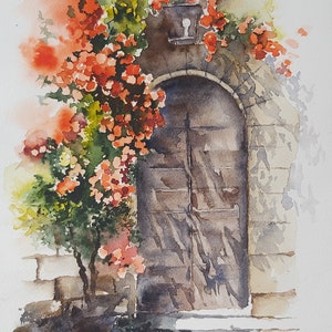 rose dipinte, acquerello di rose, arco di rose, porta con rose, dipinto di porta con arco di rose rosse, quadro di rose