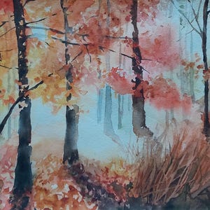 paisagem de outono, folhas de outono, árvores de outono, outono na floresta, aquarela de outono, pintura de outono, pintura de outono