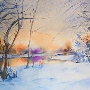 paesaggio con neve, acquerello di paesaggio con neve, quadro con neve, dipinto di inverno, arte della neve,