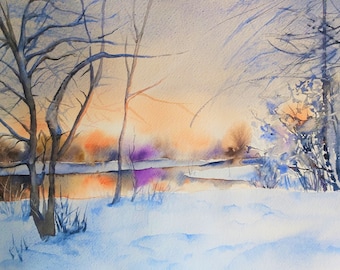 雪の中のウサギ – オリジナルの水彩画、ウサギの絵、冬の風景、降雪