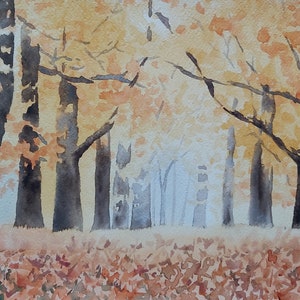 outono, aquarela de outono, paisagem de outono, pintura de árvores no outono, floresta de folhas coloridas, pintura personalizável