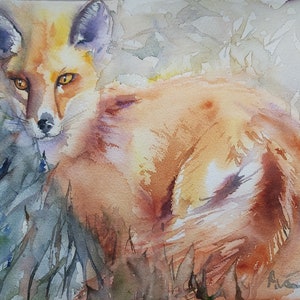 watercolor red fox original watercolor red fox painting red fox wild animal fox