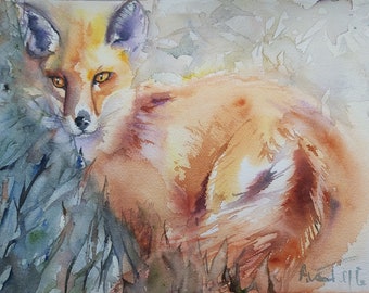watercolor red fox original watercolor red fox painting red fox wild animal fox