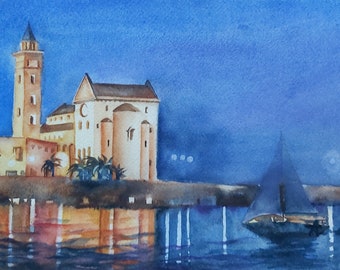 cathedral of Trani, watercolor cathedral of Trani, cathedral in Puglia, basilica painting of Trani, cathedral on the sea, church painting