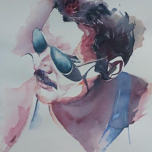Freddie Mercury, retrato de Freddie Mercury, acuarela de Freddie Mercury, pintura original de Freddie, mito de Freddie Mercury