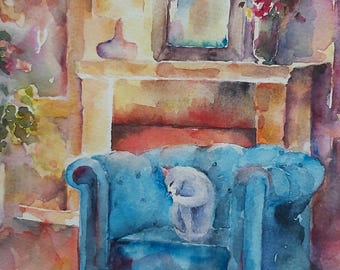 cat, white cat, cat painting on armchair, cat painting, cat watercolor, white cat in armchair near fireplace, house with cat