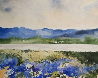 Acuarela original de un paisaje florido, paisaje fluvial, ribera florida, pintura de paisaje florido, ribera con flores