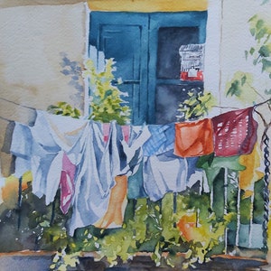 acuarela de ventana, ventana con flores y ropa tendida, arte de ventanas, pintura de ventanas, flores y colores de ventanas, pintura de ventanas
