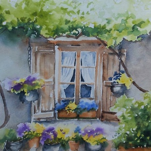 acquerello di finestra fiorita, acquerello di fiori, dipinto di finestra con fiori, fiori colorati, quadro di vecchia finestra,