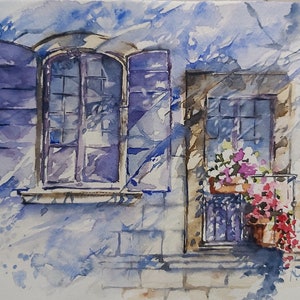 Provenza, paesaggio di Provenza, acquerello di Provenza, quadro di Provenza, dipinto di Provenza, scenario provenzale, Finestra di Provenza