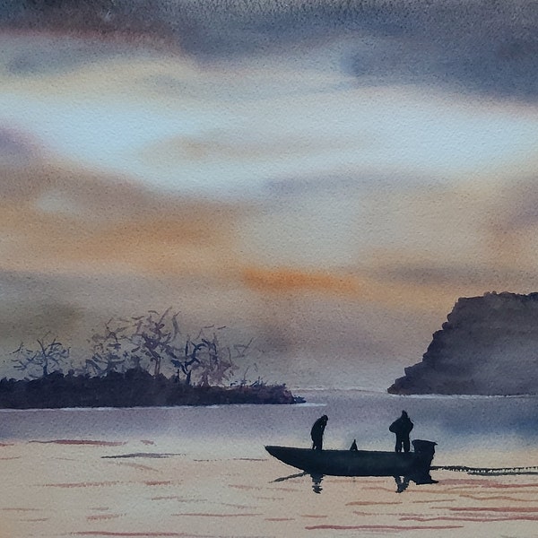 sunrise on the lake original watercolor sunrise view of the lake lake landscape