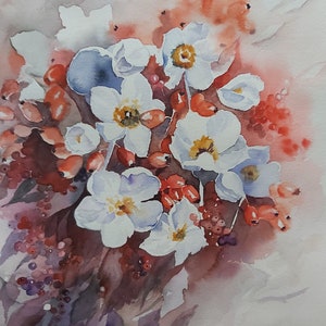 rose di Natale e bacche rosse, acquerello di rose di Natale, quadro fiori bianchi e rossi, dipinto di rose di Natale e bacche rosse, bouquet