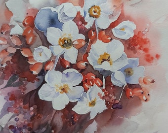 Christmas roses and red berries, watercolor Christmas roses, painting of white and red flowers, painting of Christmas roses and red berries, bouquet