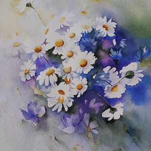 margherite, bouquet di fiori, acquerello di margherite, dipinto di margherite, quadro di margherite, fiori bianchi e blu, arte del fiore