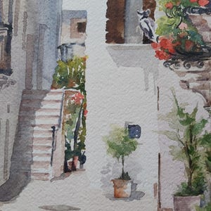 Puede incluir: Pintura acuarela de un callej&oacute;n estrecho en una ciudad europea. El callej&oacute;n est&aacute; bordeado de edificios blancos y tiene un peque&ntilde;o &aacute;rbol en maceta en primer plano. Hay escaleras que suben a la izquierda y una ventana con contraventanas marrones a la derecha.