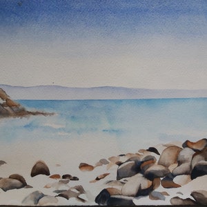 paesaggio di mare, acquerello marino, spiaggia di sassi sul mare, dipinto di mare, quadro di marina, dipinto di paesaggio di mare, veduta