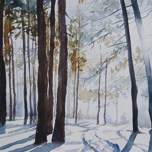 bright watercolor of snowy forest, watercolor of trees with snow, winter painting, painting of forest with snow