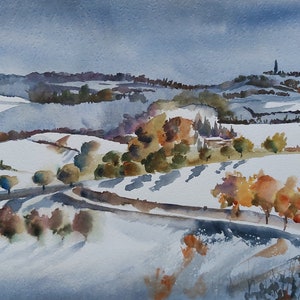 aquarela de panorama brilhante com neve, paisagem nevada, panorama de inverno, pintura de paisagem com neve, colinas pintadas com neve