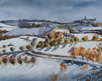 an evocative panorama of a view of snow-capped hills in this delicate and bright watercolor